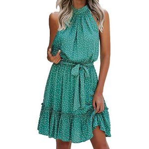 Nituyy Women Summer Halter Sleeveless Polka Dot/Floral Print A Line Swing Dress
